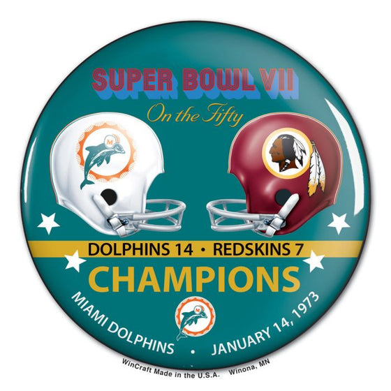 Super Bowl on the Fifty Miami Dolphins Button, carded 3"