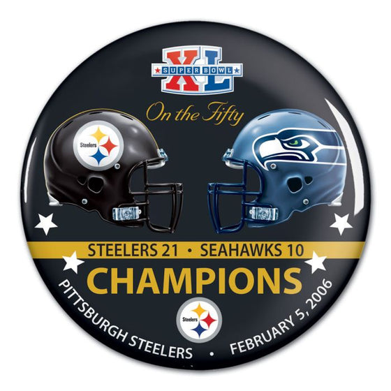 Super Bowl on the Fifty Pittsburgh Steelers Button, carded 3"