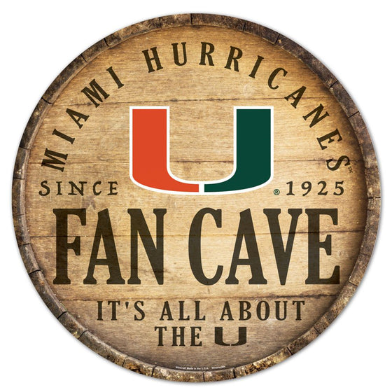 Miami Hurricanes Sign Wood 14 Inch Round Barrel Top Design