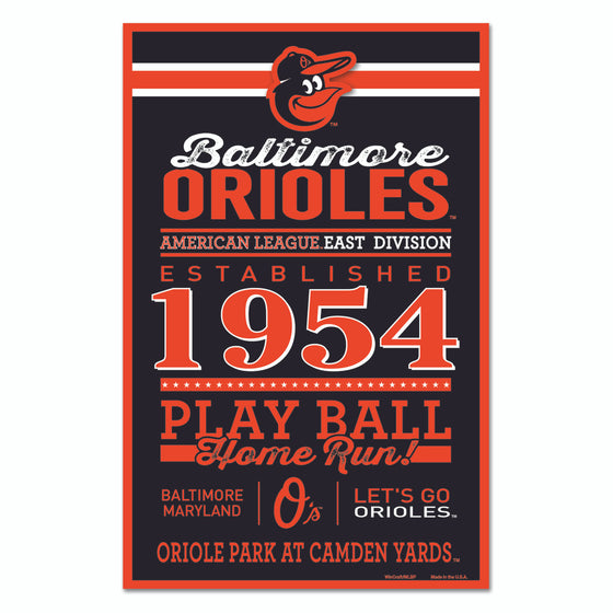 Baltimore Orioles Sign 11x17 Wood Established Design - Special Order