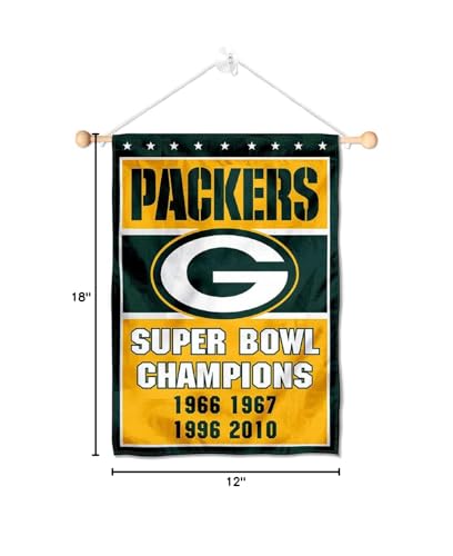 Green Bay Packers 4 Time Champions Banner Window Wall Hanging Flag with Suction Cup