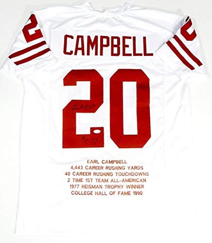 Earl Campbell Autographed White College Style Jersey STAT 4 w/HT - JSA W Auth *