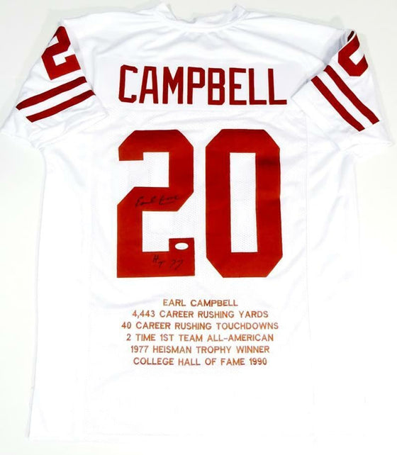 Earl Campbell Autographed White College Style Jersey STAT 4 w/HT - JSA W Auth *