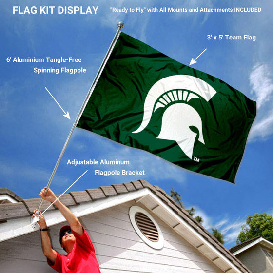 College Flags & Banners Co. Michigan State Spartans Spartan Head Flag with Pole and Bracket Complete Set