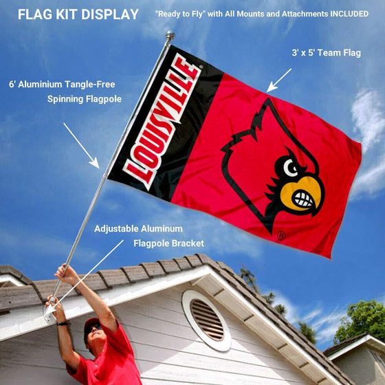 College Flags & Banners Co. Louisville Cardinals Panel Flag with Pole and Bracket Complete Set