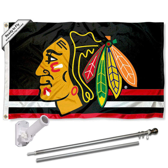 WinCraft Chicago Blackhawks Black Flag Pole and Bracket Set