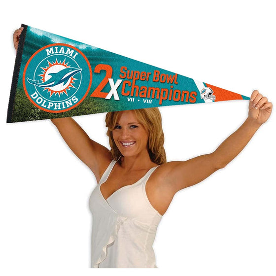 WinCraft Miami Dolphins 2 Time Bowl Champions Pennant Banner Flag