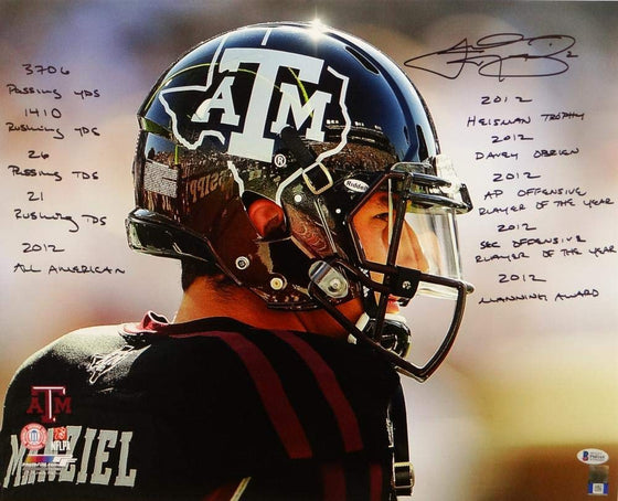 Johnny Manziel Signed Texas A&M 16x20 Close Up PF Photo w/Stats- Beckett Auth