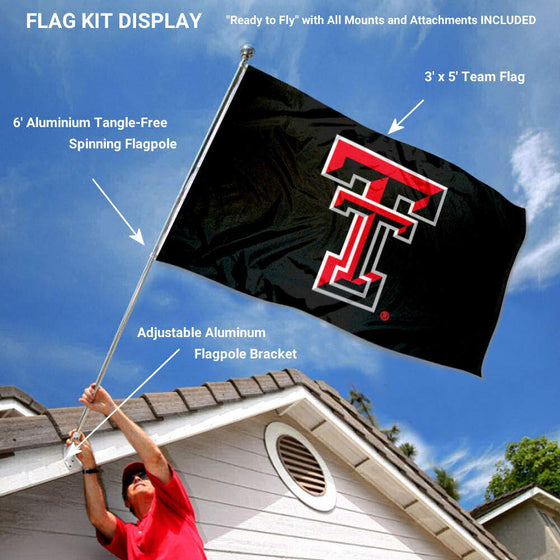 College Flags & Banners Co. Texas Tech Red Raiders Black Flag with Pole and Bracket Complete Set