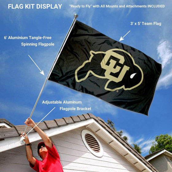 College Flags & Banners Co. Colorado Buffaloes Black Flag with Pole and Bracket Kit