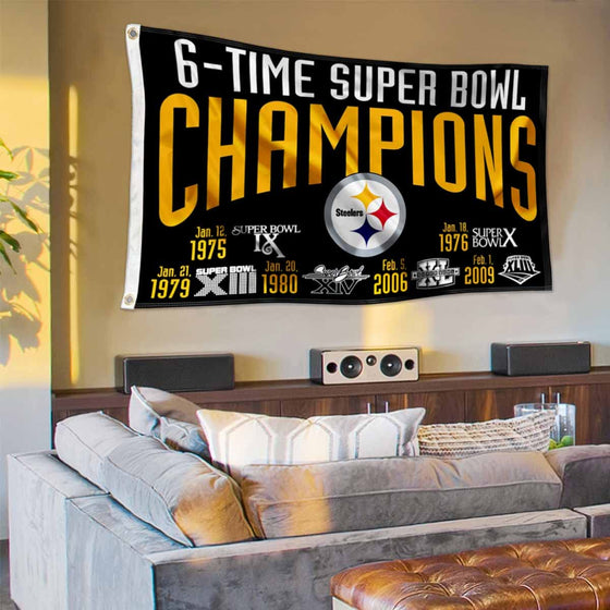 WinCraft Pittsburgh Steelers 6X and 6 Time Super Bowl Champions Flag Outdoor Indoor 3x5 Foot Banner