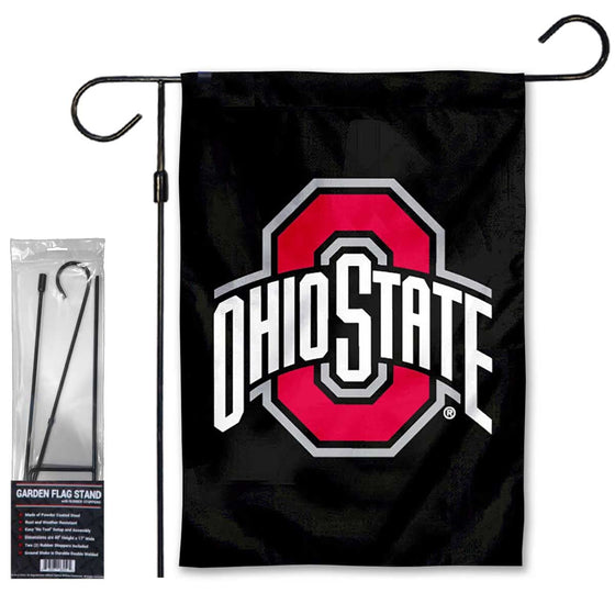 College Flags & Banners Co. Ohio State Buckeyes Black Garden Banner Flag with Flag Pole Stand Set