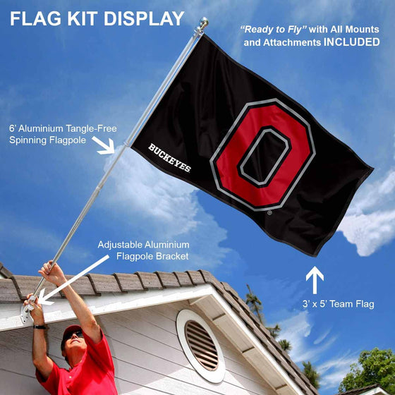 College Flags & Banners Co. Ohio State Buckeyes Black Flag with Pole and Bracket Holder University Set