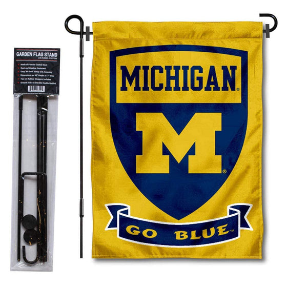 College Flags & Banners Co. Michigan Wolverines Double Sided Shield Logo Garden Flag and USA Flag Stand Pole Holder Set