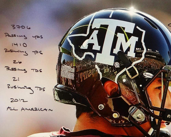 Johnny Manziel Signed Texas A&M 16x20 Close Up PF Photo w/Stats- Beckett Auth