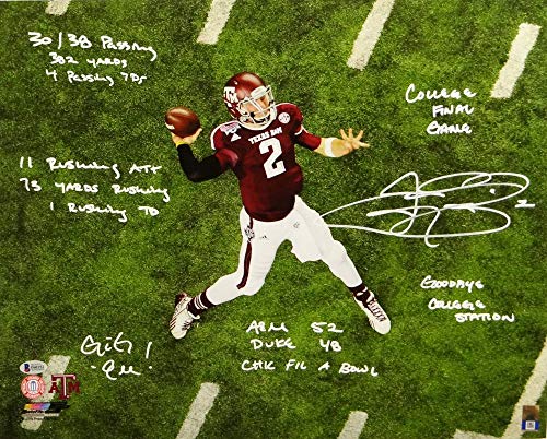 Johnny Manziel Signed Texas A&M 16x20 Aerial Pass PF Photo W/Insc- Beckett Auth