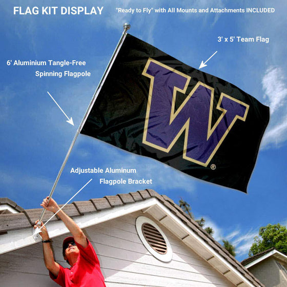 College Flags & Banners Co. Washington Huskies Black Flag with Pole and Bracket Kit