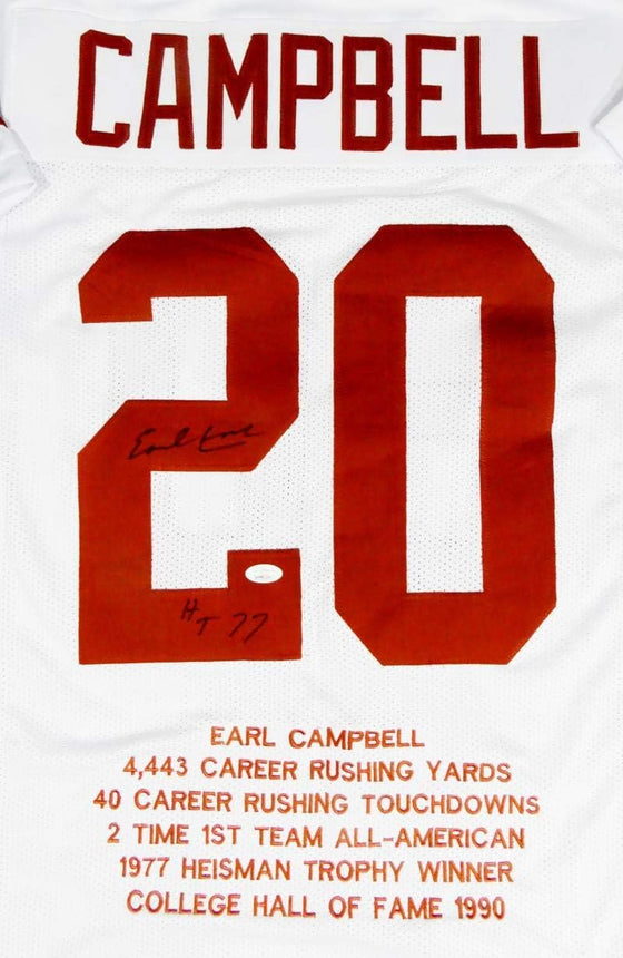 Earl Campbell Autographed White College Style Jersey STAT 4 w/HT - JSA W Auth *