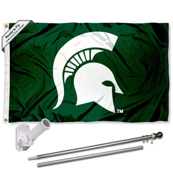 College Flags & Banners Co. Michigan State Spartans Spartan Head Flag with Pole and Bracket Complete Set