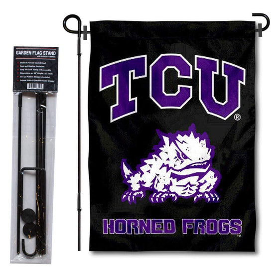 College Flags & Banners Co. TCU Horned Frogs Black Garden Yard and USA Flag Stand Pole Holder Set