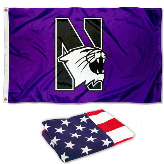 College Flags & Banners Co. Northwestern Wildcats Flag and USA 3x5 Flag Set