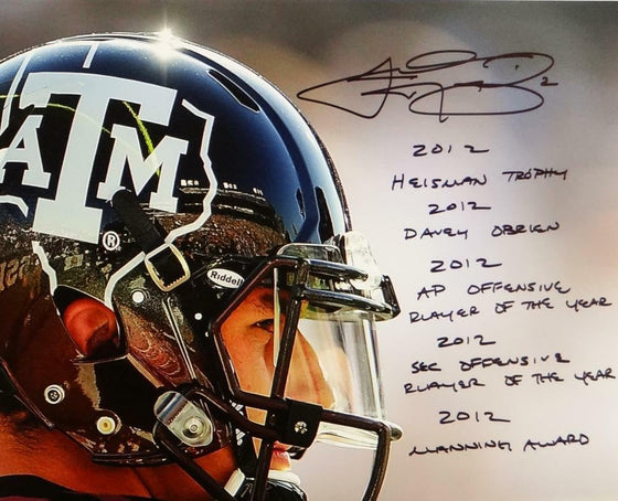 Johnny Manziel Signed Texas A&M 16x20 Close Up PF Photo w/Stats- Beckett Auth