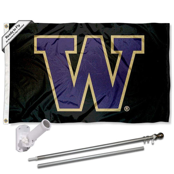 College Flags & Banners Co. Washington Huskies Black Flag with Pole and Bracket Kit