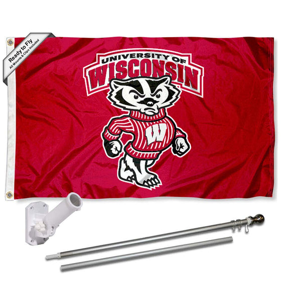 College Flags & Banners Co. Wisconsin Badgers Bucky Flag with Pole and Bracket Complete Set