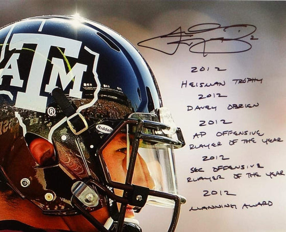 Johnny Manziel Signed Texas A&M 16x20 Close Up PF Photo w/Stats- Beckett Auth