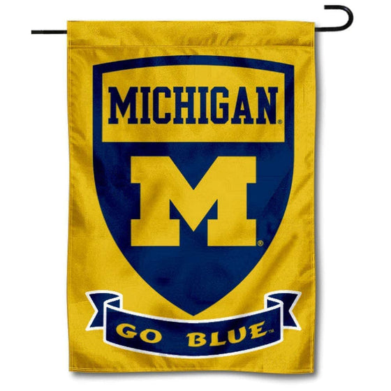 College Flags & Banners Co. Michigan Wolverines Double Sided Shield Logo Garden Flag and USA Flag Stand Pole Holder Set