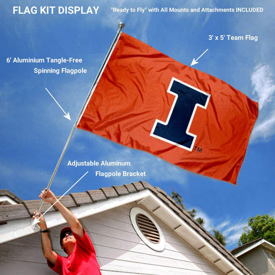 College Flags & Banners Co. Illinois Fighting Illini I Logo Flag with Pole and Bracket Complete Set