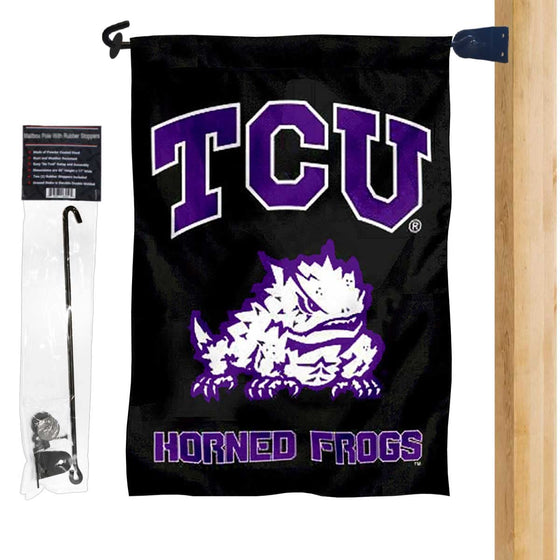 TCU Horned Frogs Black Garden Yard Flag and Mailbox Post Pole Mount Holder Set