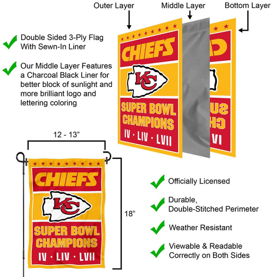 WinCraft Kansas City Chiefs 3 Time Champions Super Bowl 2023 Double Sided Garden Banner Flag