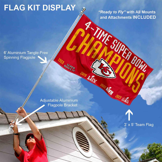 WinCraft Kansas City Chiefs 4 Time Super Bowl Champions Flag Pole and Bracket Mount Kit