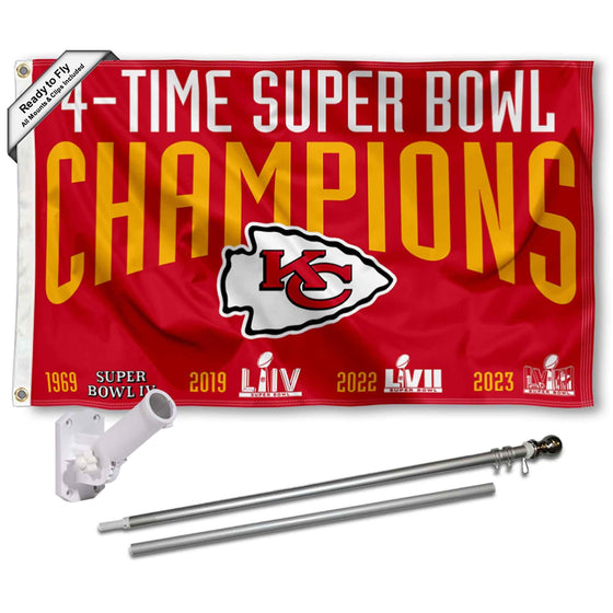 WinCraft Kansas City Chiefs 4 Time Super Bowl Champions Flag Pole and Bracket Mount Kit