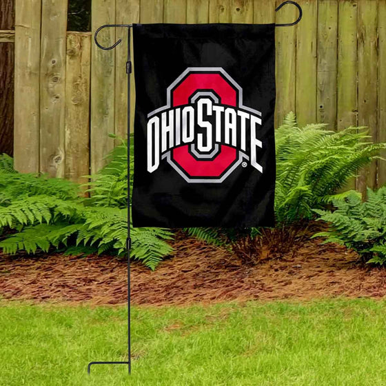 College Flags & Banners Co. Ohio State Buckeyes Black Garden Banner Flag with Flag Pole Stand Set