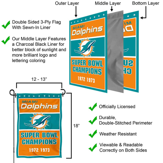 WinCraft Miami Dolphins 2 Time Super Bowl Champions Double Sided Garden Flag