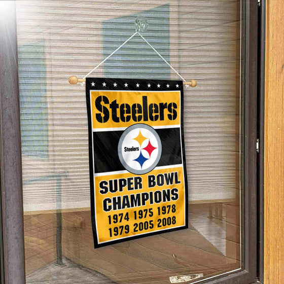 Pittsburgh Steelers 6 Time Champions Banner Window Wall Hanging Flag with Suction Cup