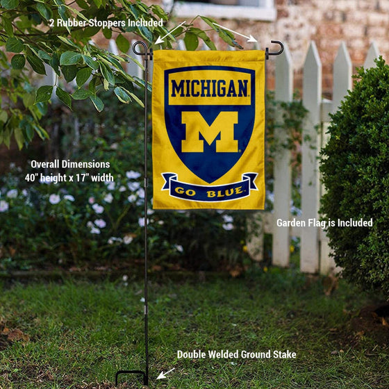 College Flags & Banners Co. Michigan Wolverines Double Sided Shield Logo Garden Flag and USA Flag Stand Pole Holder Set