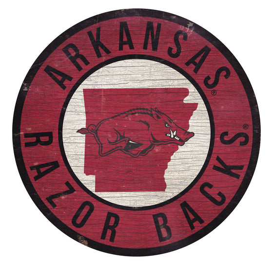 Arkansas Razorbacks Sign Wood 12 Inch Round State Design - Special Order