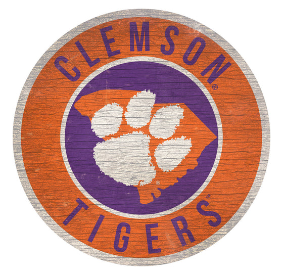 Clemson Tigers Sign Wood 12 Inch Round State Design