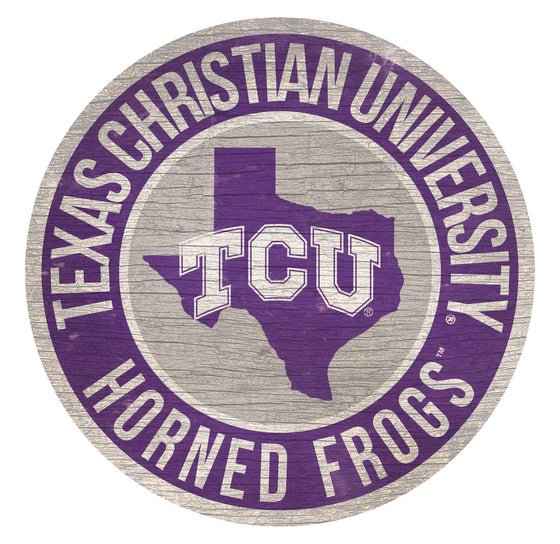 TCU Horned Frogs Sign Wood 12 Inch Round State Design - Special Order