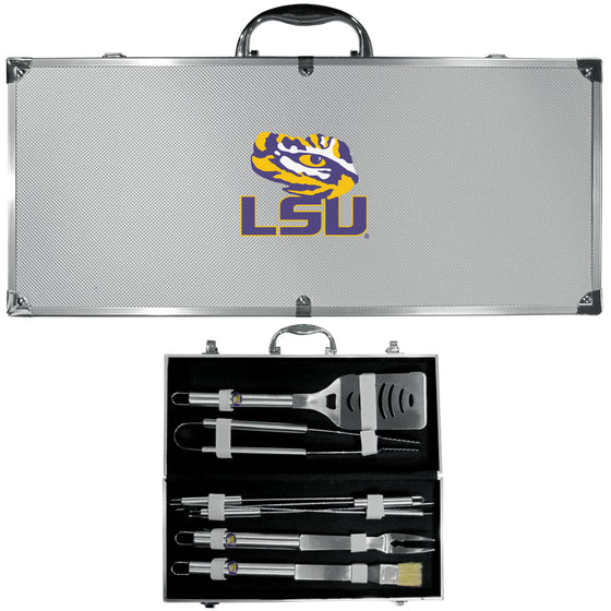 LSU Tigers 8 pc Stainless Steel BBQ Set with Metal Case