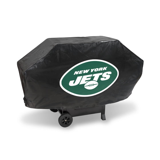 NFL Football New York Jets Black Deluxe Vinyl Grill Cover - 68" Wide/Heavy Duty/Velcro Staps