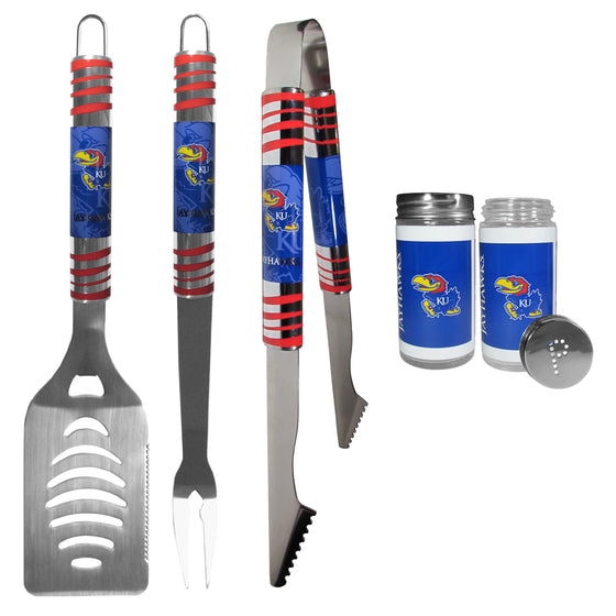 Kansas Jayhawks 3 pc Tailgater BBQ Set and Salt and Pepper Shaker Set