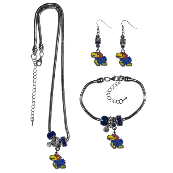 Kansas Jayhawks Euro Bead Jewelry 3 piece Set