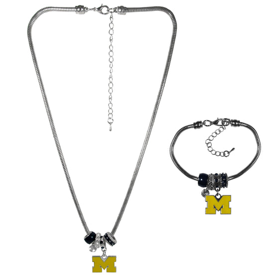 Michigan Wolverines Euro Bead Necklace and Bracelet Set