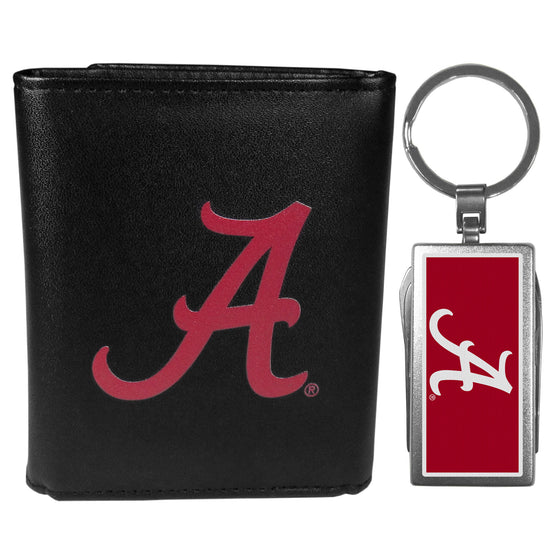 Alabama Crimson Tide Leather Tri-fold Wallet & Multitool Key Chain, Black