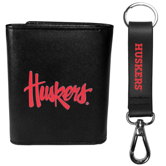 Nebraska Cornhuskers Leather Tri-fold Wallet & Strap Key Chain