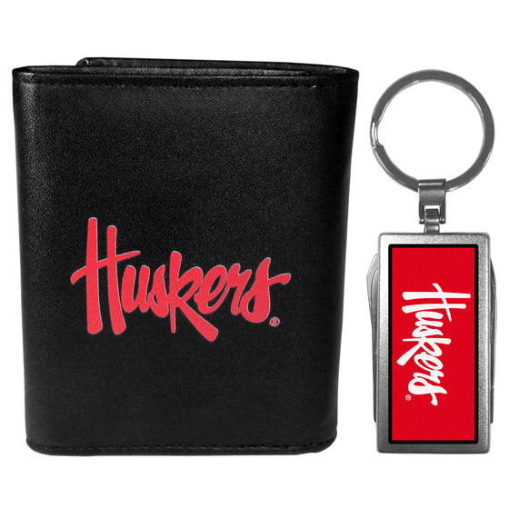 Nebraska Cornhuskers Leather Tri-fold Wallet & Multitool Key Chain, Black